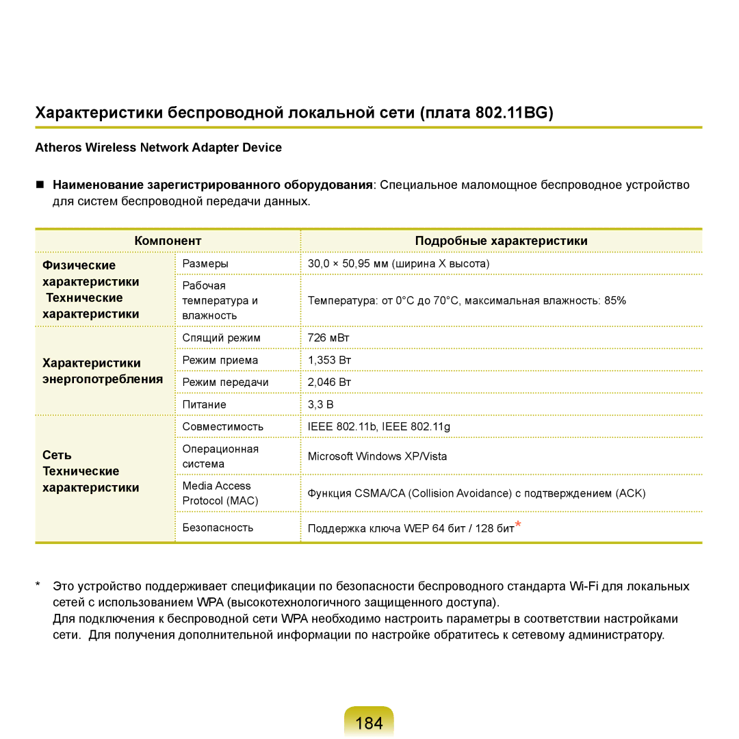 Samsung NP-R25FE0C/SER, NP-R20FY03/SER, NP-R20FY0A/SER manual 184, Характеристики беспроводной локальной сети плата 802.11BG 