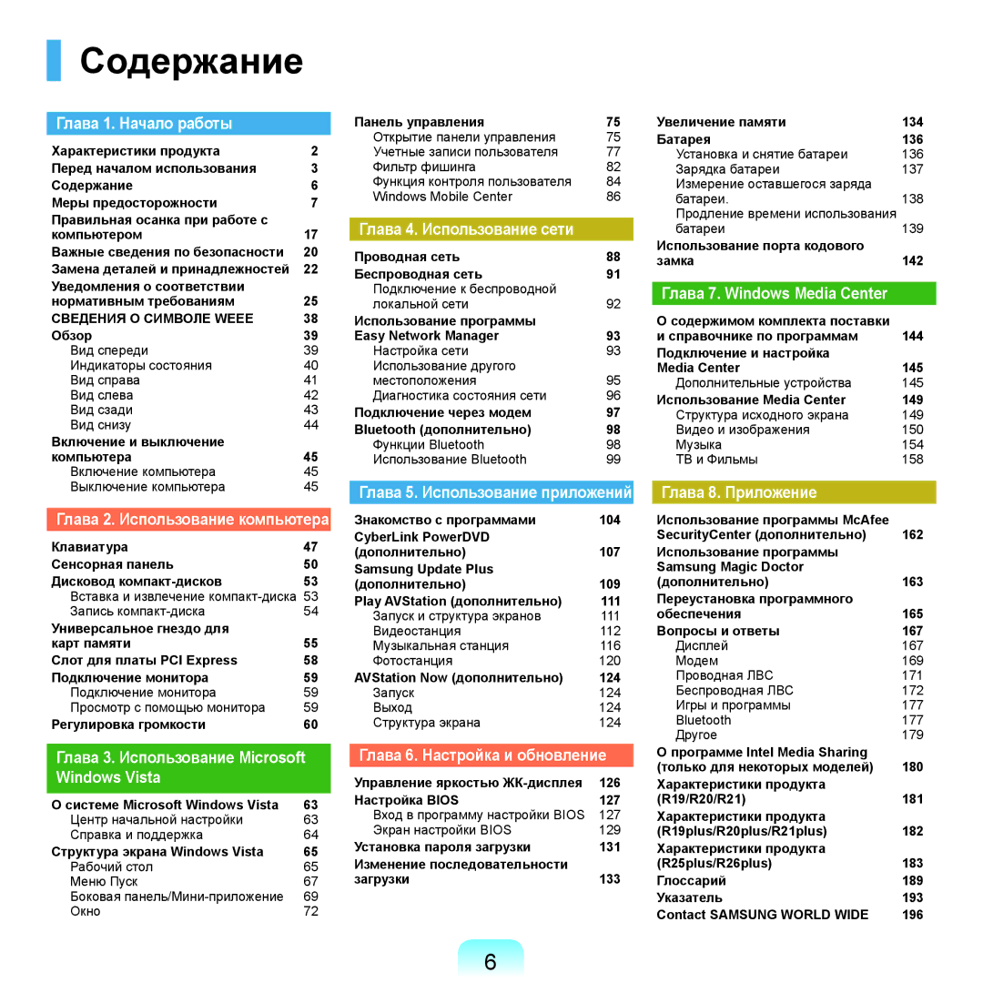 Samsung NP-R20FY09/SER, NP-R20FY03/SER, NP-R20FY0A/SER, NP-R20FY0D/SER, NP-R20XY03/SER, NP-R20XY07/SER manual Содержание 