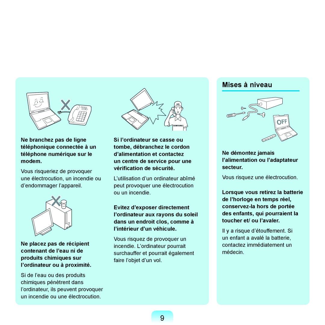 Samsung NP-R25A001/SEF, NP-R25A000/SEF manual Mises à niveau, Ne démontez jamais l’alimentation ou l’adaptateur secteur 