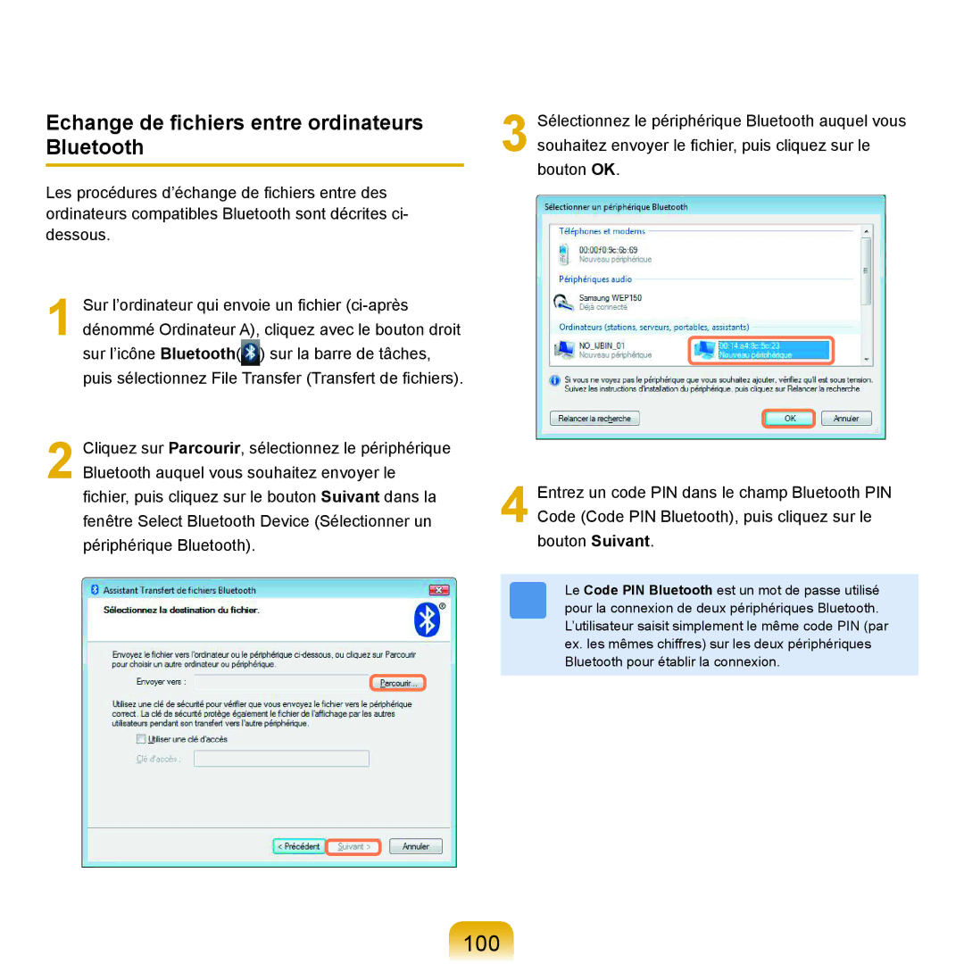 Samsung NP-R25A000/SEF, NP-R25A001/SEF manual 100, Echange de ﬁchiers entre ordinateurs Bluetooth 