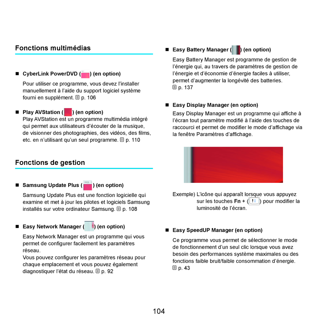 Samsung NP-R25A000/SEF, NP-R25A001/SEF manual 104, Fonctions multimédias, Fonctions de gestion 