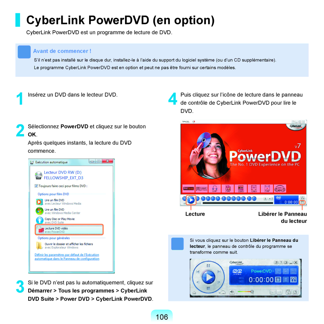Samsung NP-R25A000/SEF, NP-R25A001/SEF manual CyberLink PowerDVD en option, 106, Lecture, Du lecteur 