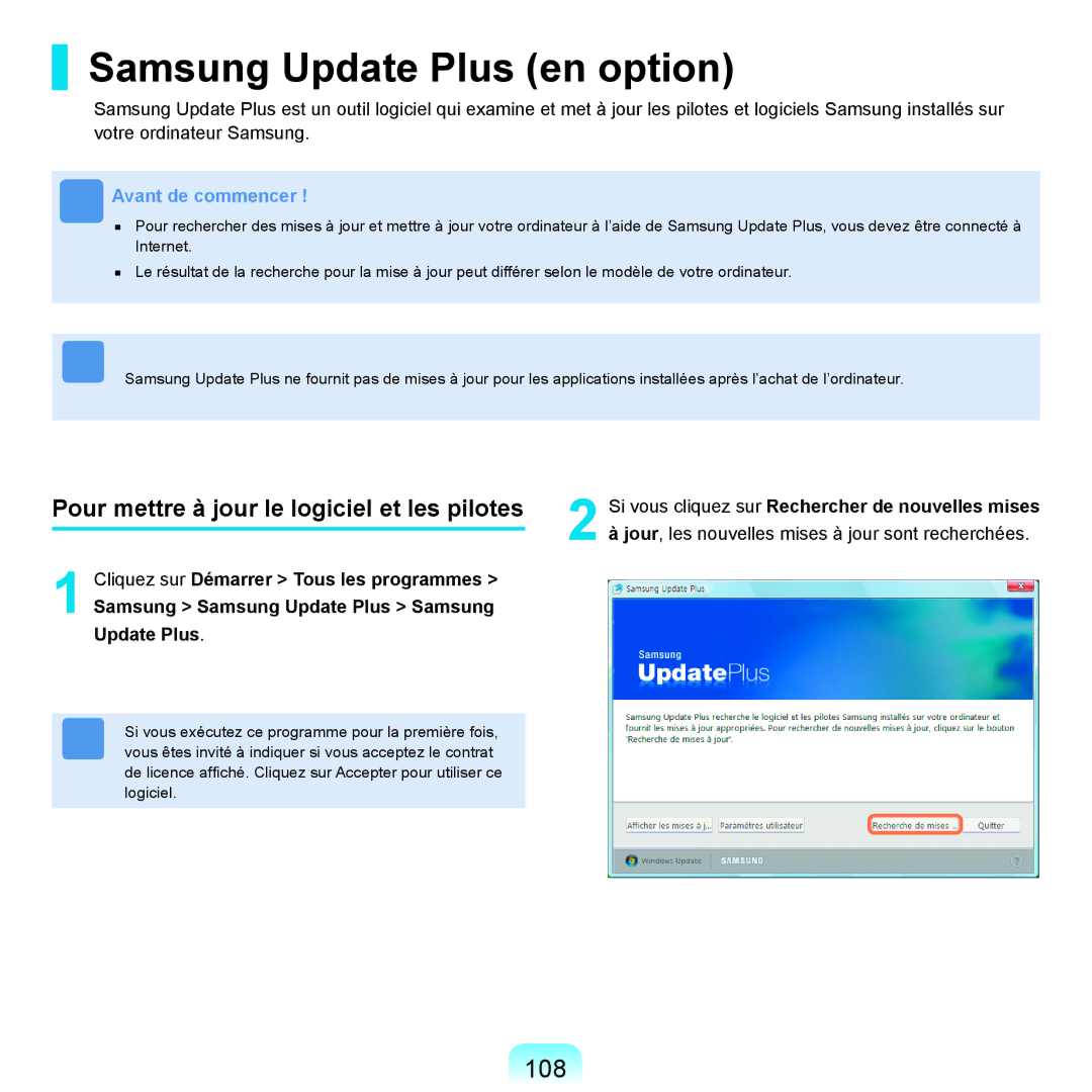 Samsung NP-R25A000/SEF, NP-R25A001/SEF Samsung Update Plus en option, 108, Pour mettre à jour le logiciel et les pilotes 