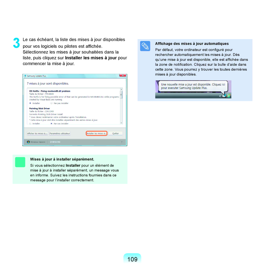 Samsung NP-R25A001/SEF, NP-R25A000/SEF 109, Mises à jour à installer séparément, Afﬁchage des mises à jour automatiques 