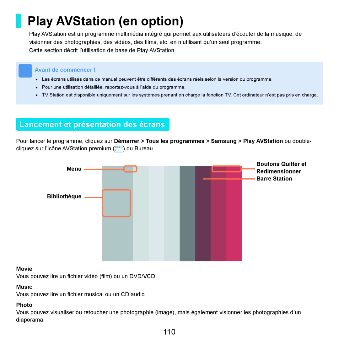 Samsung NP-R25A000/SEF, NP-R25A001/SEF manual Play AVStation en option, Lancement et présentation des écrans, 110, Music 