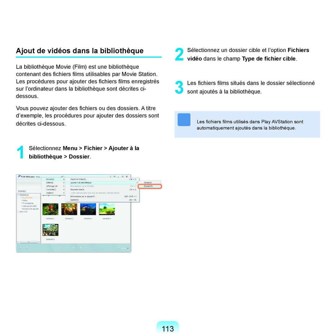 Samsung NP-R25A001/SEF, NP-R25A000/SEF manual 113, Ajout de vidéos dans la bibliothèque 