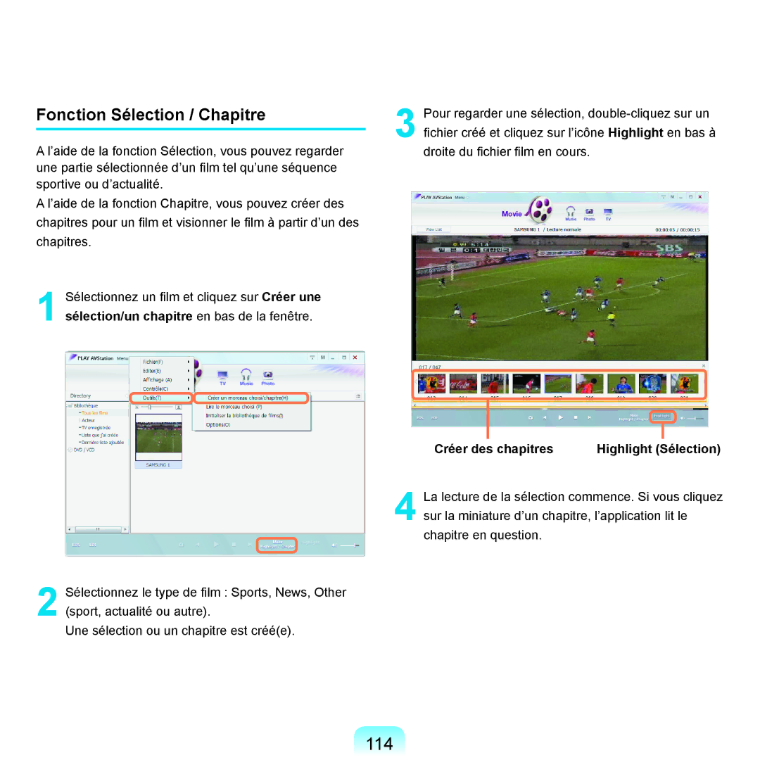 Samsung NP-R25A000/SEF, NP-R25A001/SEF manual 114, Fonction Sélection / Chapitre, Créer des chapitres Highlight Sélection 