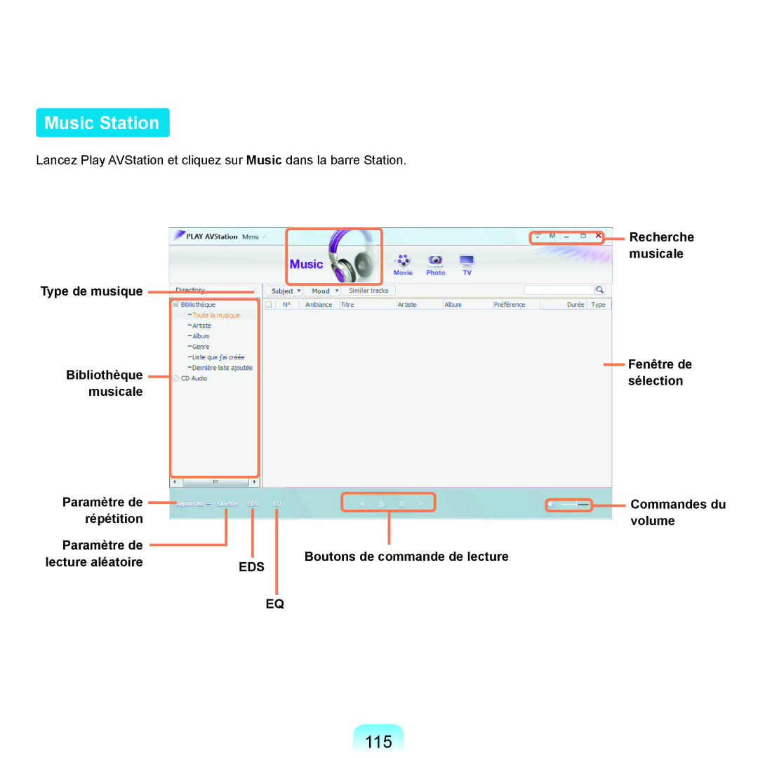 Samsung NP-R25A001/SEF, NP-R25A000/SEF Music Station, 115, Recherche musicale Fenêtre de sélection Commandes du volume 