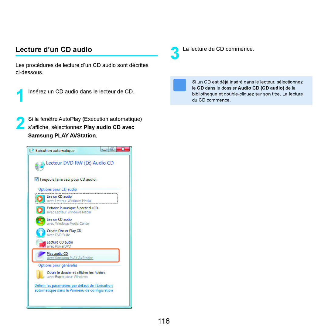 Samsung NP-R25A000/SEF, NP-R25A001/SEF manual 116, Lecture d’un CD audio 