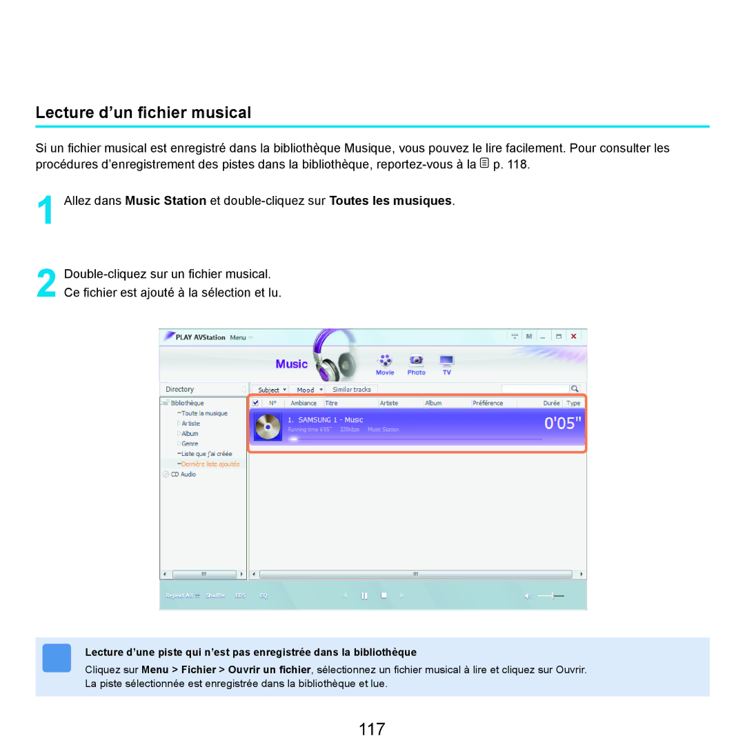 Samsung NP-R25A001/SEF, NP-R25A000/SEF manual 117, Lecture d’un ﬁchier musical 