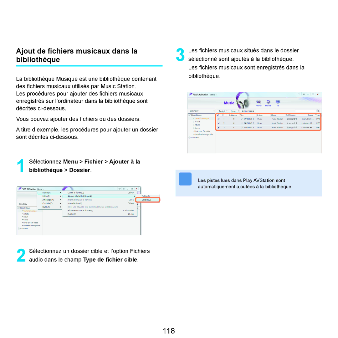 Samsung NP-R25A000/SEF, NP-R25A001/SEF manual 118, Ajout de ﬁchiers musicaux dans la bibliothèque 