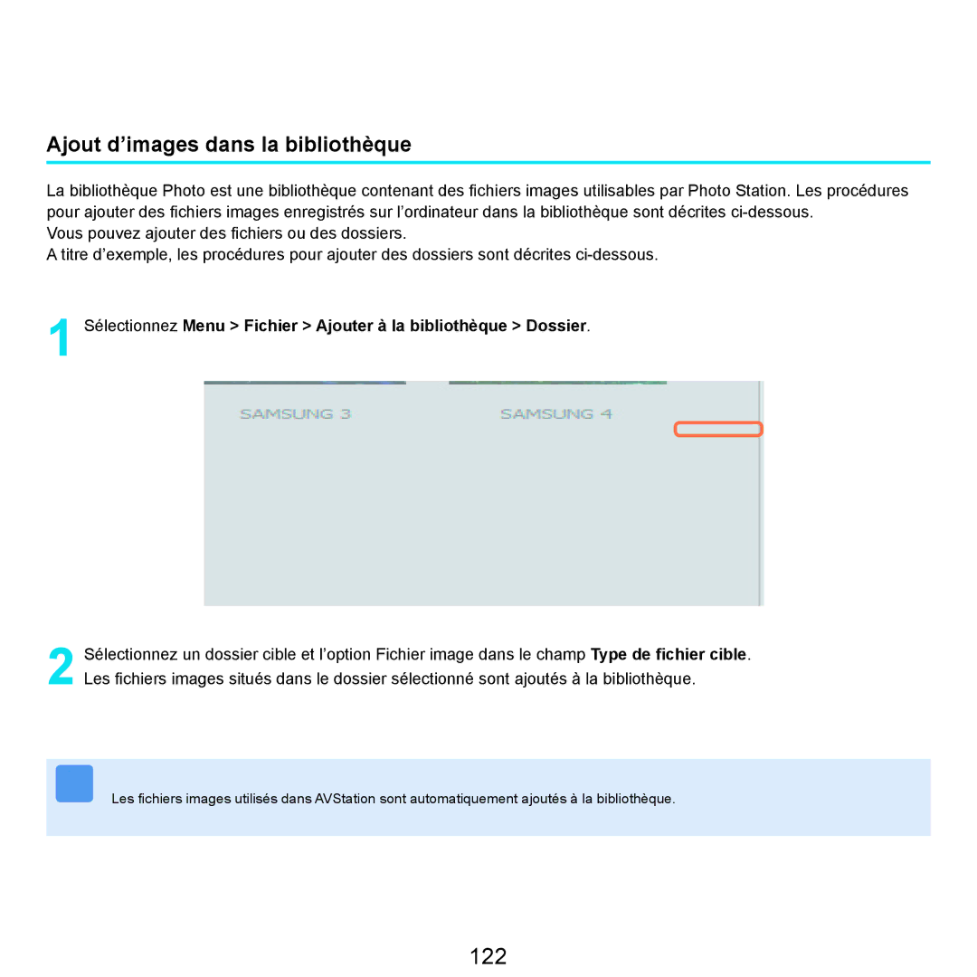 Samsung NP-R25A000/SEF, NP-R25A001/SEF manual 122, Ajout d’images dans la bibliothèque 