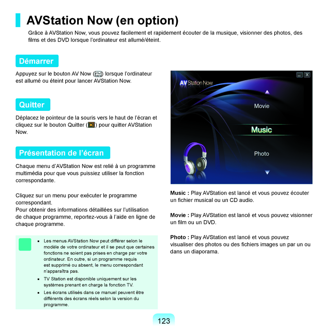 Samsung NP-R25A001/SEF, NP-R25A000/SEF manual AVStation Now en option, Démarrer, Quitter, Présentation de l’écran, 123 