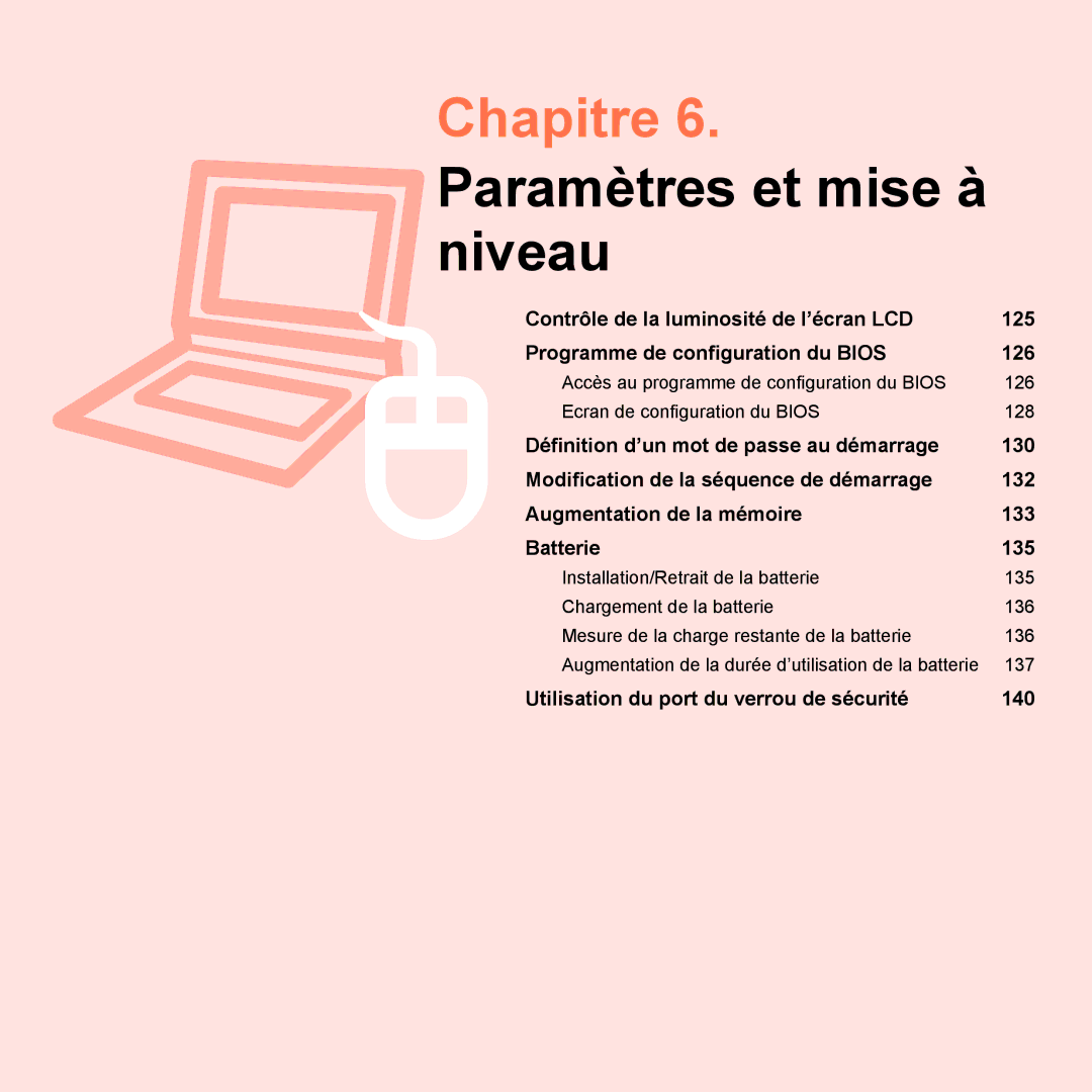 Samsung NP-R25A000/SEF, NP-R25A001/SEF manual Chapitre 6. Paramètres et mise à niveau 