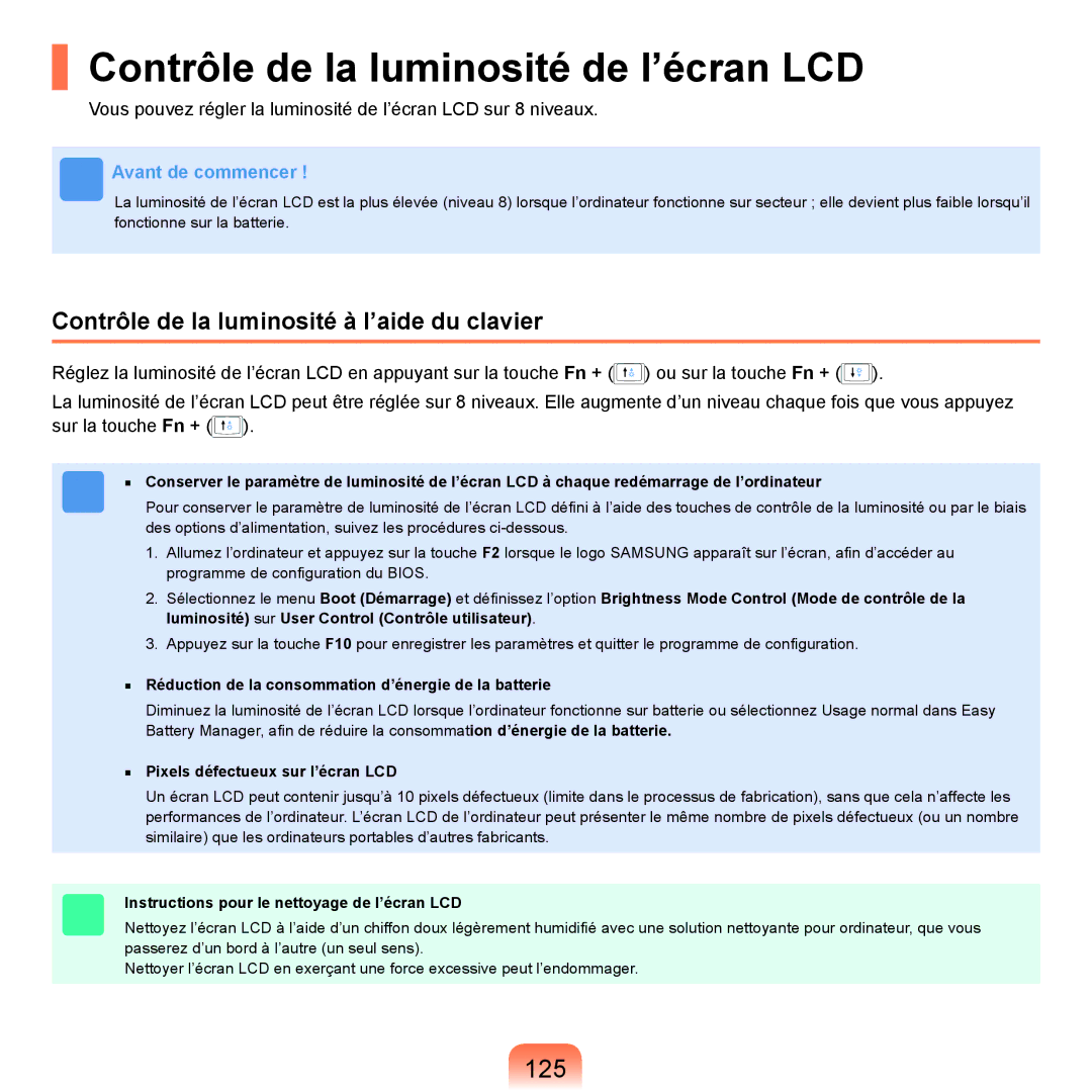 Samsung NP-R25A001/SEF manual Contrôle de la luminosité de l’écran LCD, 125, Contrôle de la luminosité à l’aide du clavier 