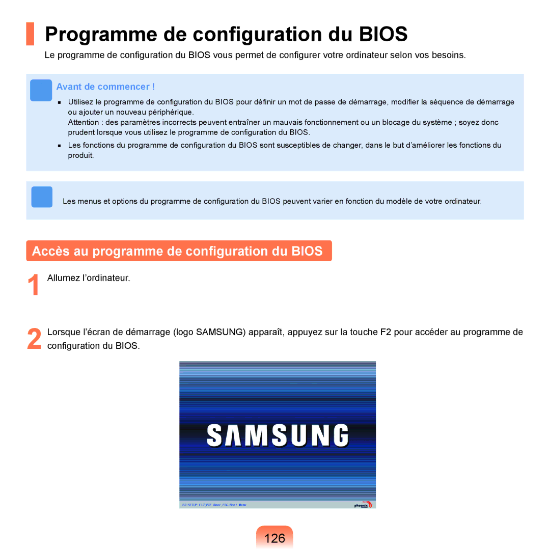 Samsung NP-R25A000/SEF, NP-R25A001/SEF Programme de conﬁguration du Bios, Accès au programme de conﬁguration du Bios, 126 