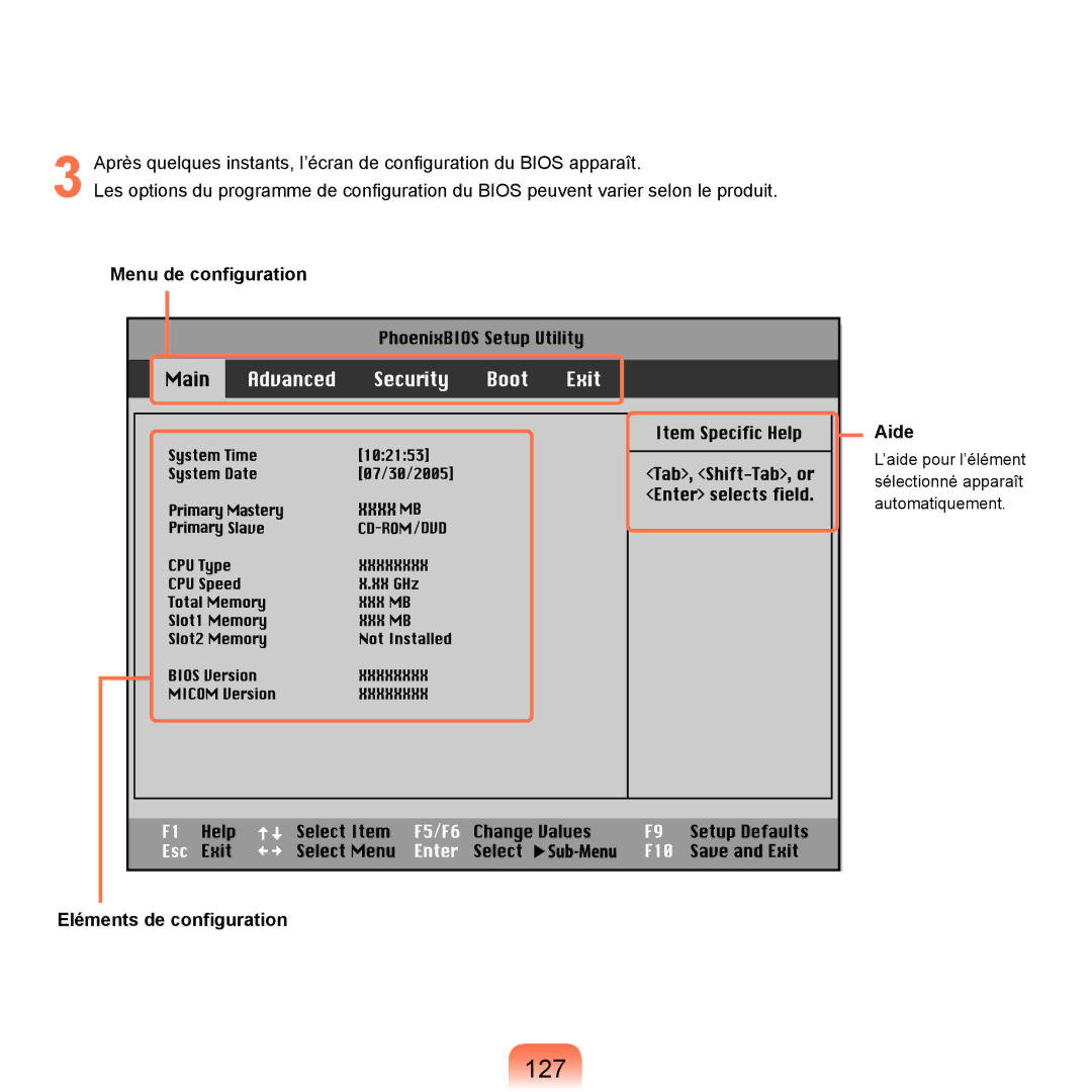 Samsung NP-R25A001/SEF, NP-R25A000/SEF manual 127, Menu de conﬁguration Aide, Eléments de conﬁguration 