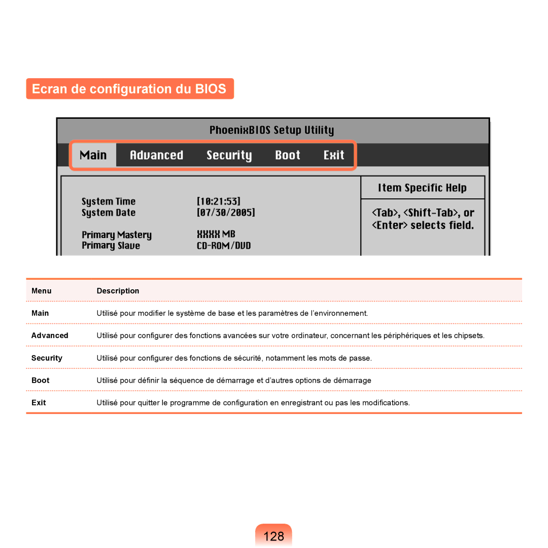 Samsung NP-R25A000/SEF, NP-R25A001/SEF manual Ecran de conﬁguration du Bios, 128 