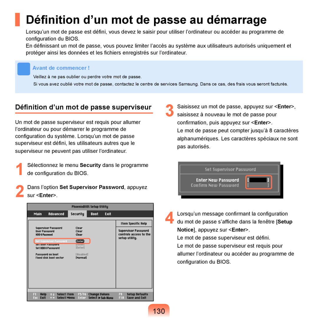 Samsung NP-R25A000/SEF manual Déﬁnition d’un mot de passe au démarrage, 130, Déﬁnition d’un mot de passe superviseur 