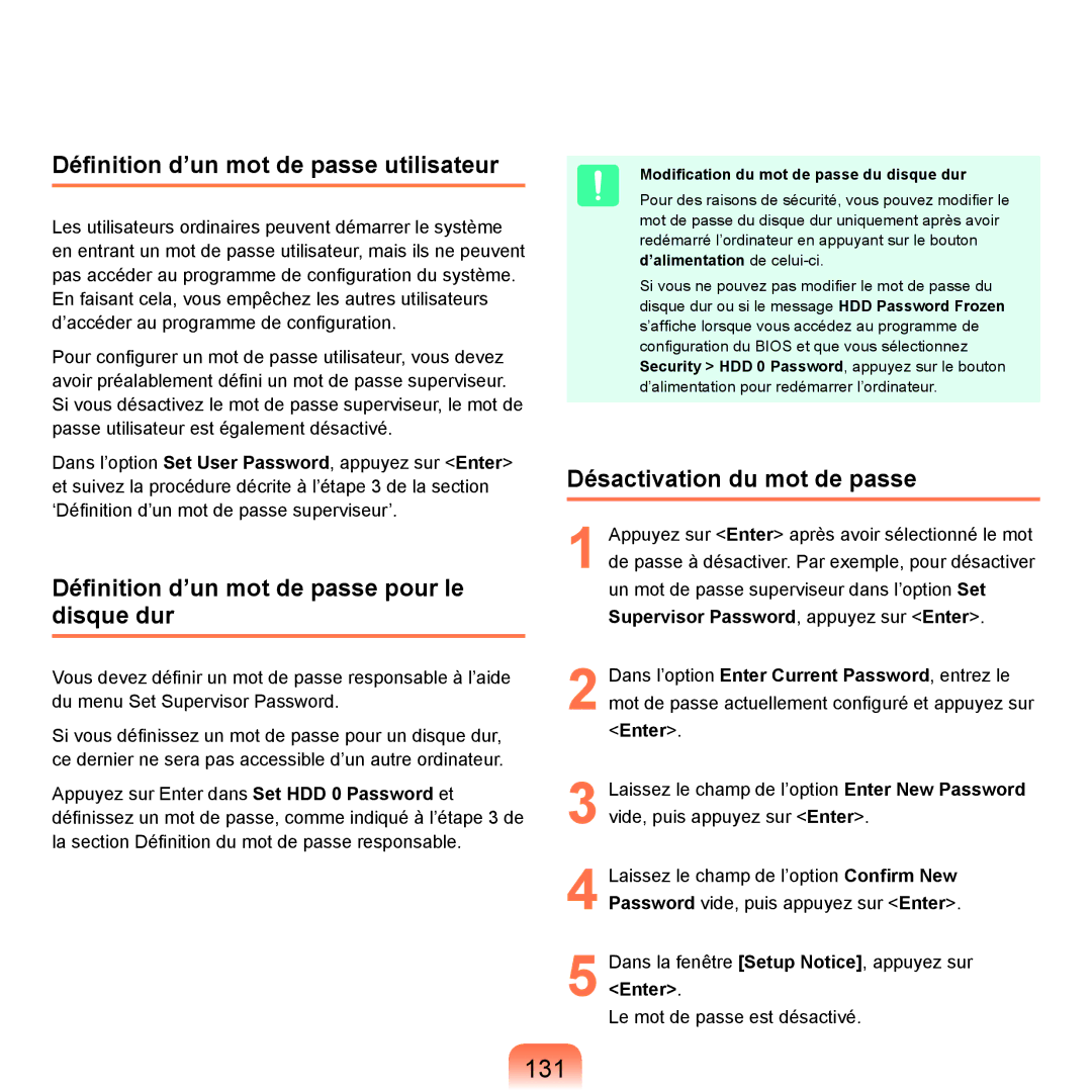 Samsung NP-R25A001/SEF manual 131, Déﬁnition d’un mot de passe utilisateur, Déﬁnition d’un mot de passe pour le disque dur 
