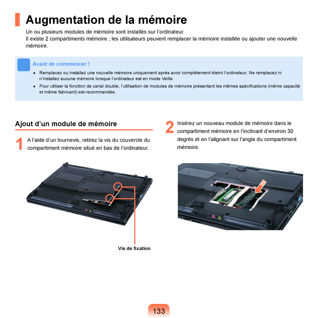 Samsung NP-R25A001/SEF, NP-R25A000/SEF manual Augmentation de la mémoire, 133, Ajout d’un module de mémoire 