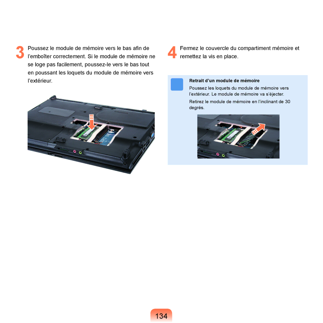 Samsung NP-R25A000/SEF, NP-R25A001/SEF manual 134, Retrait d’un module de mémoire 