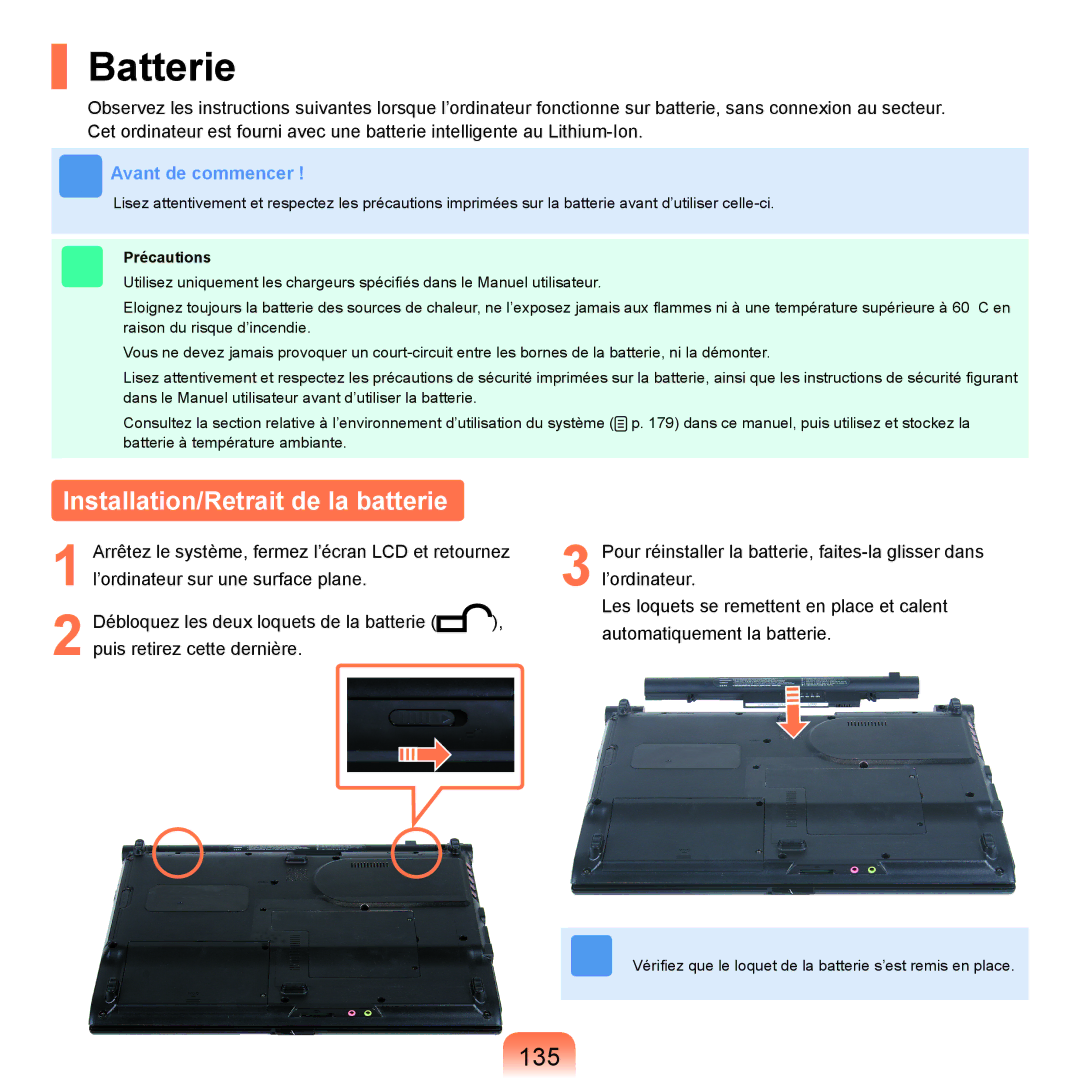 Samsung NP-R25A001/SEF, NP-R25A000/SEF manual Batterie, Installation/Retrait de la batterie, 135, Précautions 