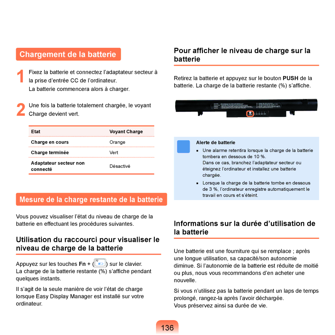 Samsung NP-R25A000/SEF, NP-R25A001/SEF Chargement de la batterie, 136, Pour afﬁcher le niveau de charge sur la batterie 