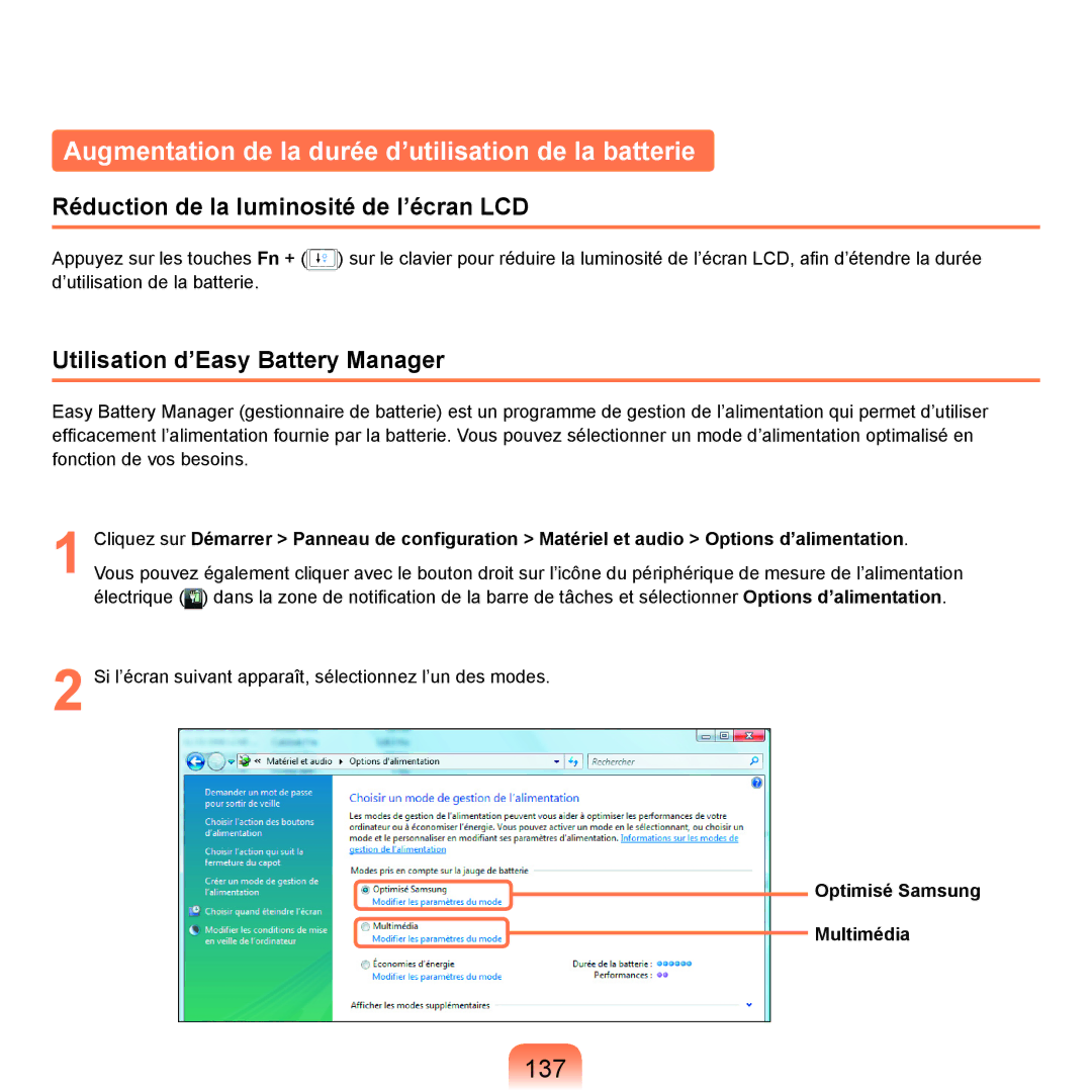 Samsung NP-R25A001/SEF Augmentation de la durée d’utilisation de la batterie, 137, Utilisation d’Easy Battery Manager 