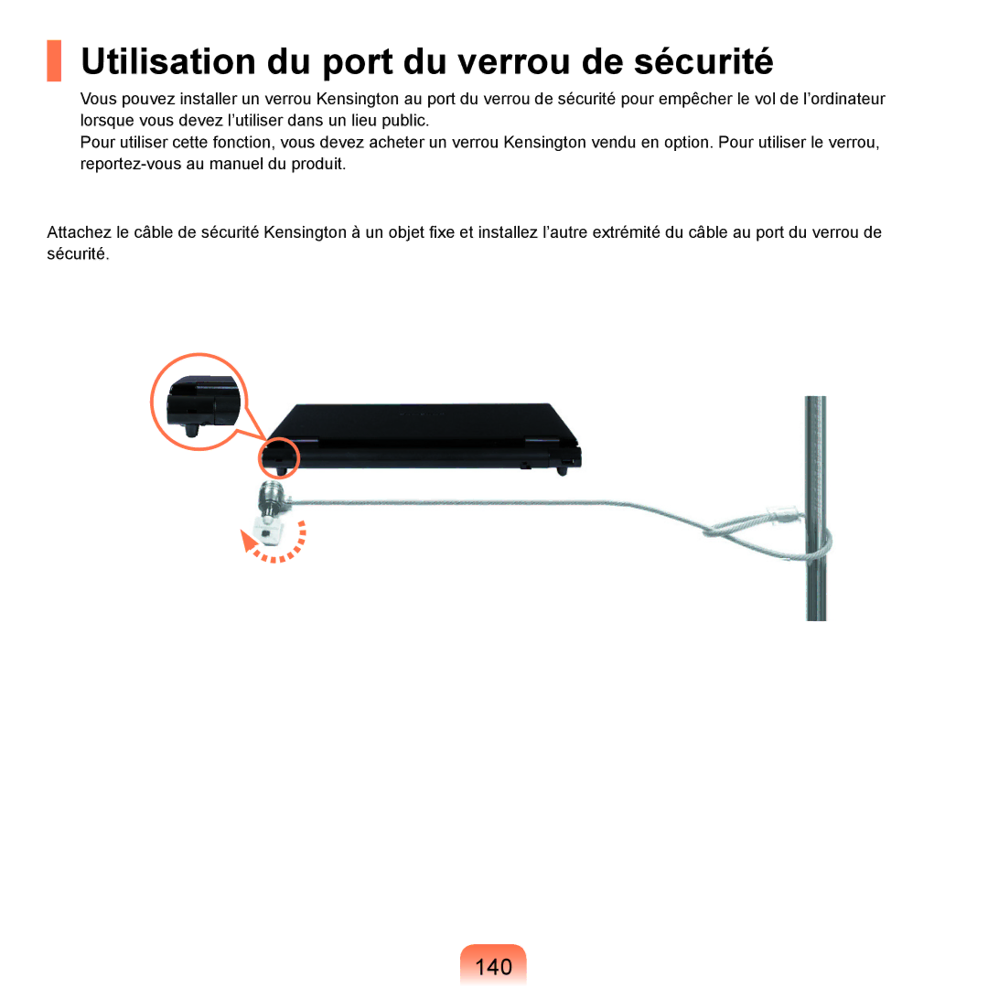 Samsung NP-R25A000/SEF, NP-R25A001/SEF manual Utilisation du port du verrou de sécurité, 140 