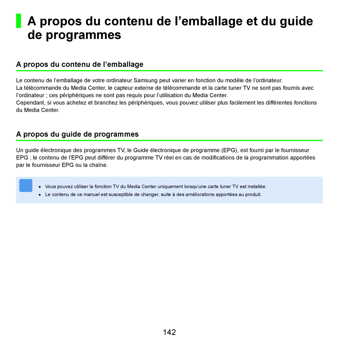 Samsung NP-R25A000/SEF Propos du contenu de l’emballage et du guide de programmes, 142, Propos du guide de programmes 