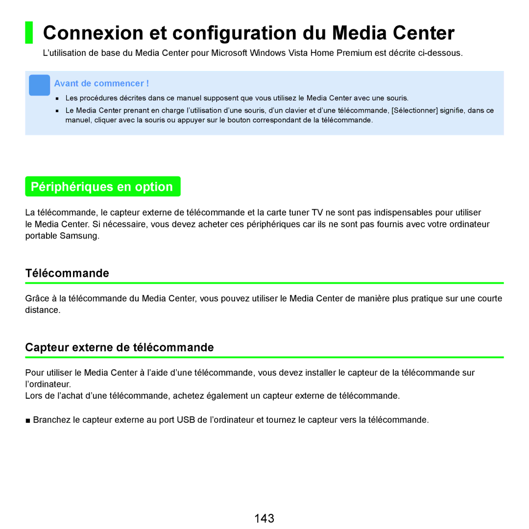 Samsung NP-R25A001/SEF manual Connexion et conﬁguration du Media Center, Périphériques en option, 143, Télécommande 