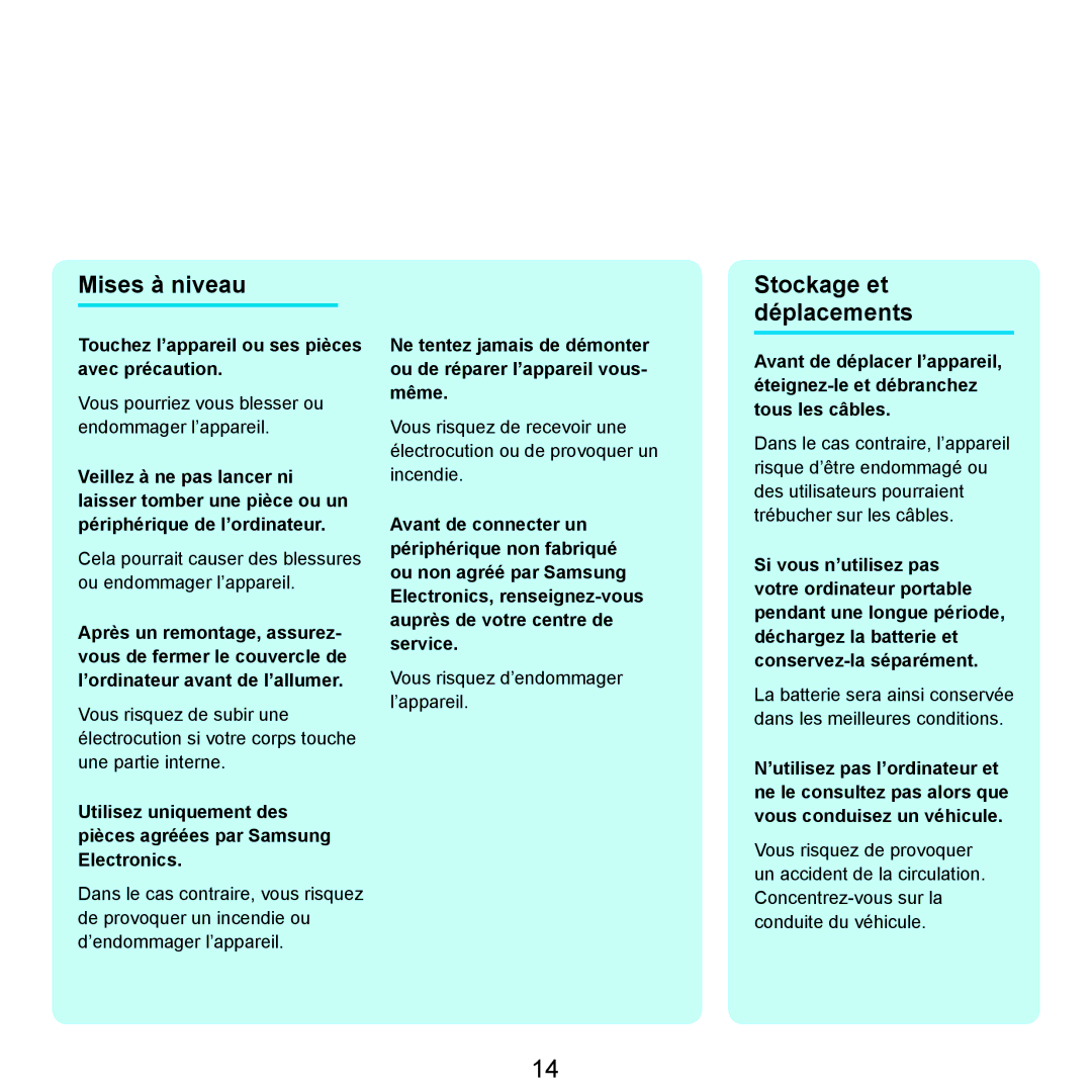 Samsung NP-R25A000/SEF, NP-R25A001/SEF manual Mises à niveau, Touchez l’appareil ou ses pièces avec précaution 