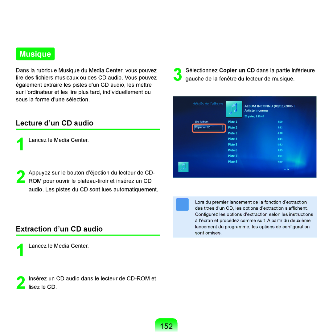 Samsung NP-R25A000/SEF, NP-R25A001/SEF manual Musique, 152, Extraction d’un CD audio 
