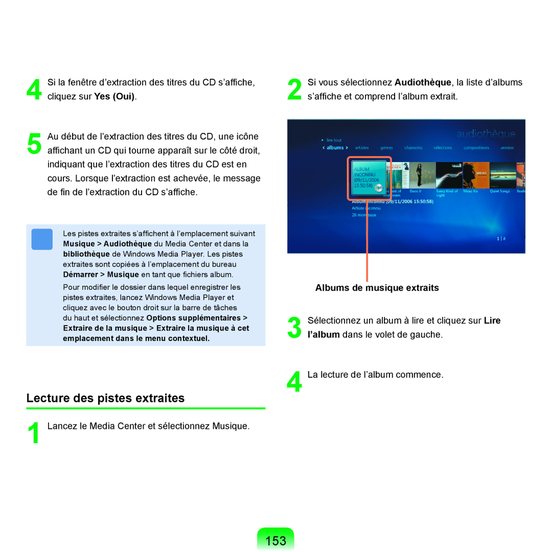 Samsung NP-R25A001/SEF, NP-R25A000/SEF manual 153, Lecture des pistes extraites, Albums de musique extraits 