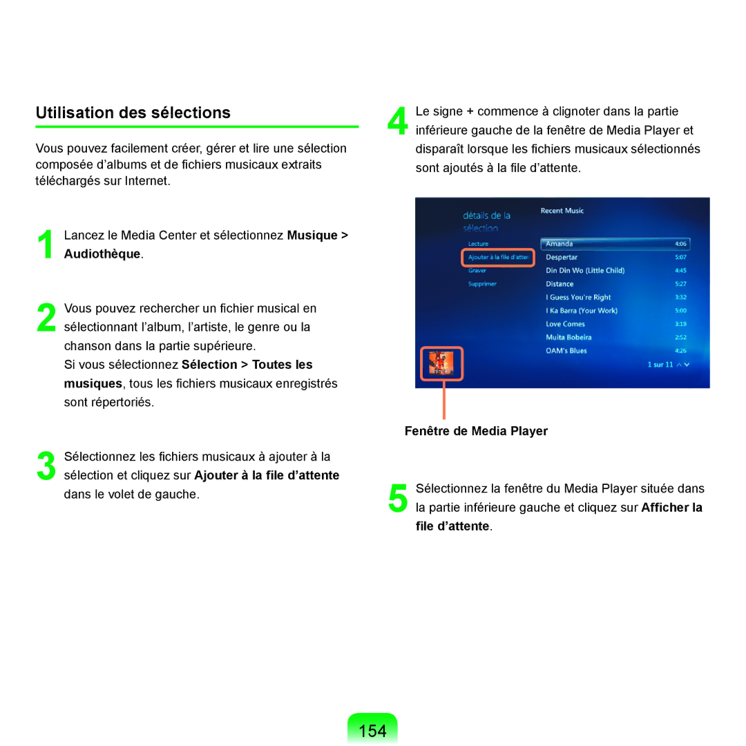 Samsung NP-R25A000/SEF, NP-R25A001/SEF manual 154, Utilisation des sélections, Fenêtre de Media Player 