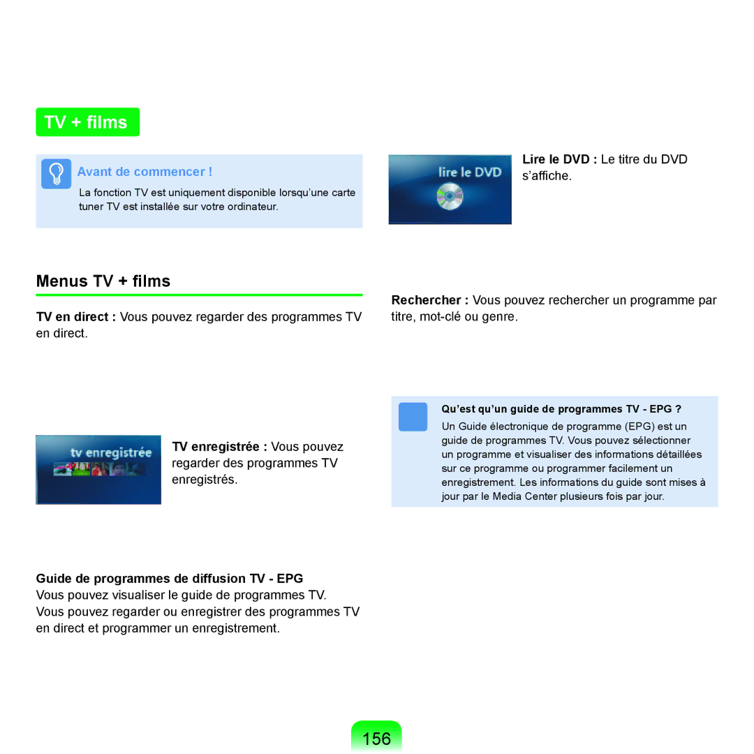 Samsung NP-R25A000/SEF, NP-R25A001/SEF manual 156, Menus TV + ﬁlms, Qu’est qu’un guide de programmes TV EPG ? 