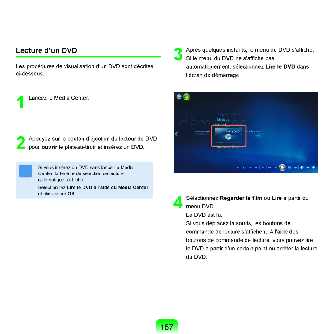 Samsung NP-R25A001/SEF, NP-R25A000/SEF manual 157, Lecture d’un DVD 