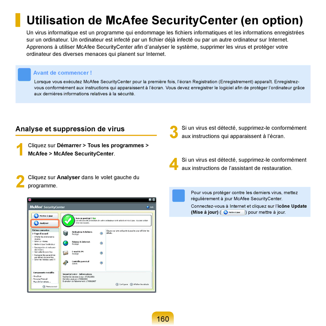 Samsung NP-R25A000/SEF Utilisation de McAfee SecurityCenter en option, 160, Analyse et suppression de virus, Mise à jour 