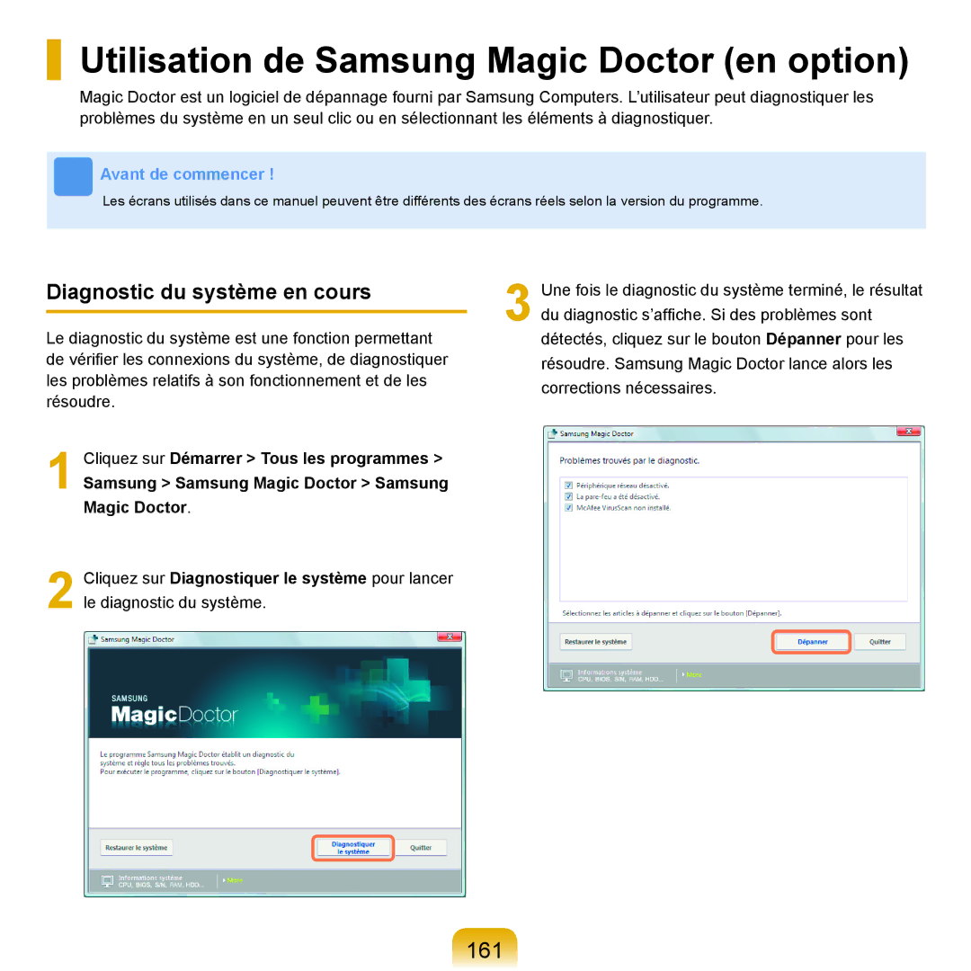 Samsung NP-R25A001/SEF, NP-R25A000/SEF Utilisation de Samsung Magic Doctor en option, 161, Diagnostic du système en cours 