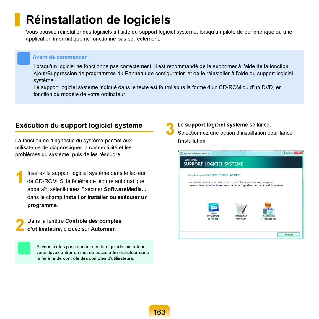 Samsung NP-R25A001/SEF, NP-R25A000/SEF manual Réinstallation de logiciels, 163, Exécution du support logiciel système 