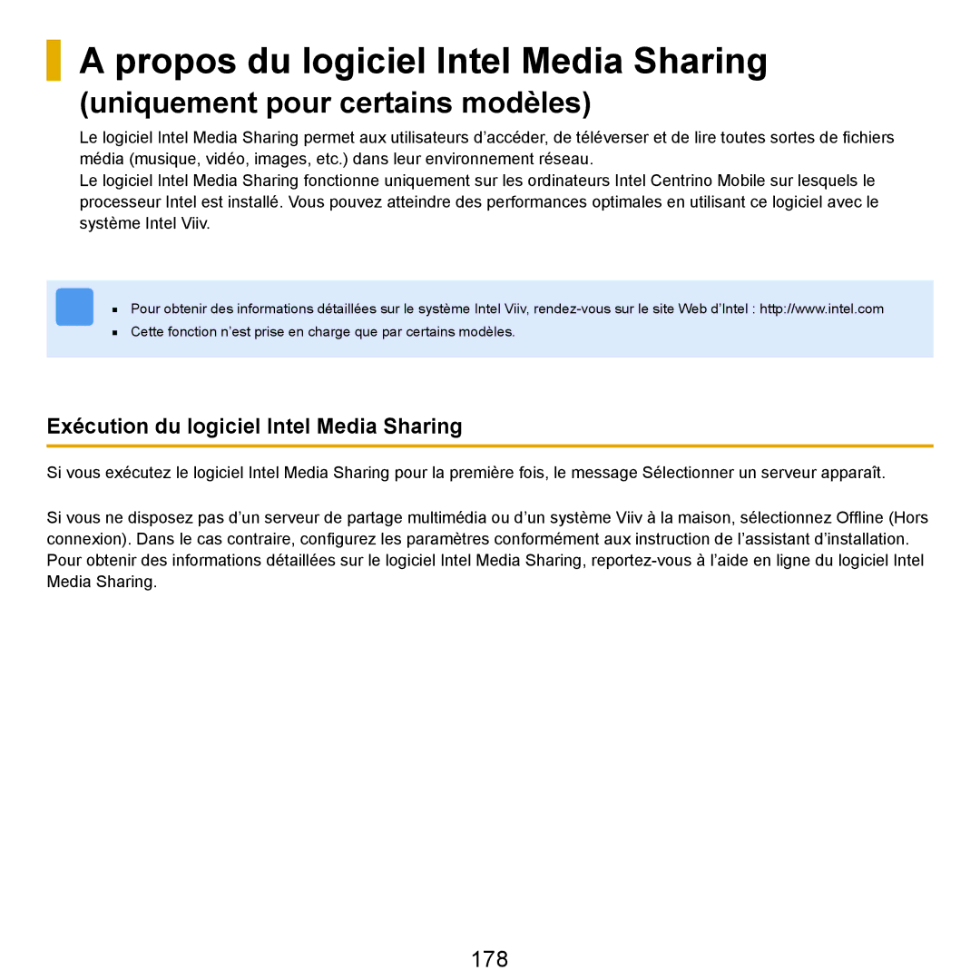 Samsung NP-R25A000/SEF manual Propos du logiciel Intel Media Sharing, 178, Exécution du logiciel Intel Media Sharing 