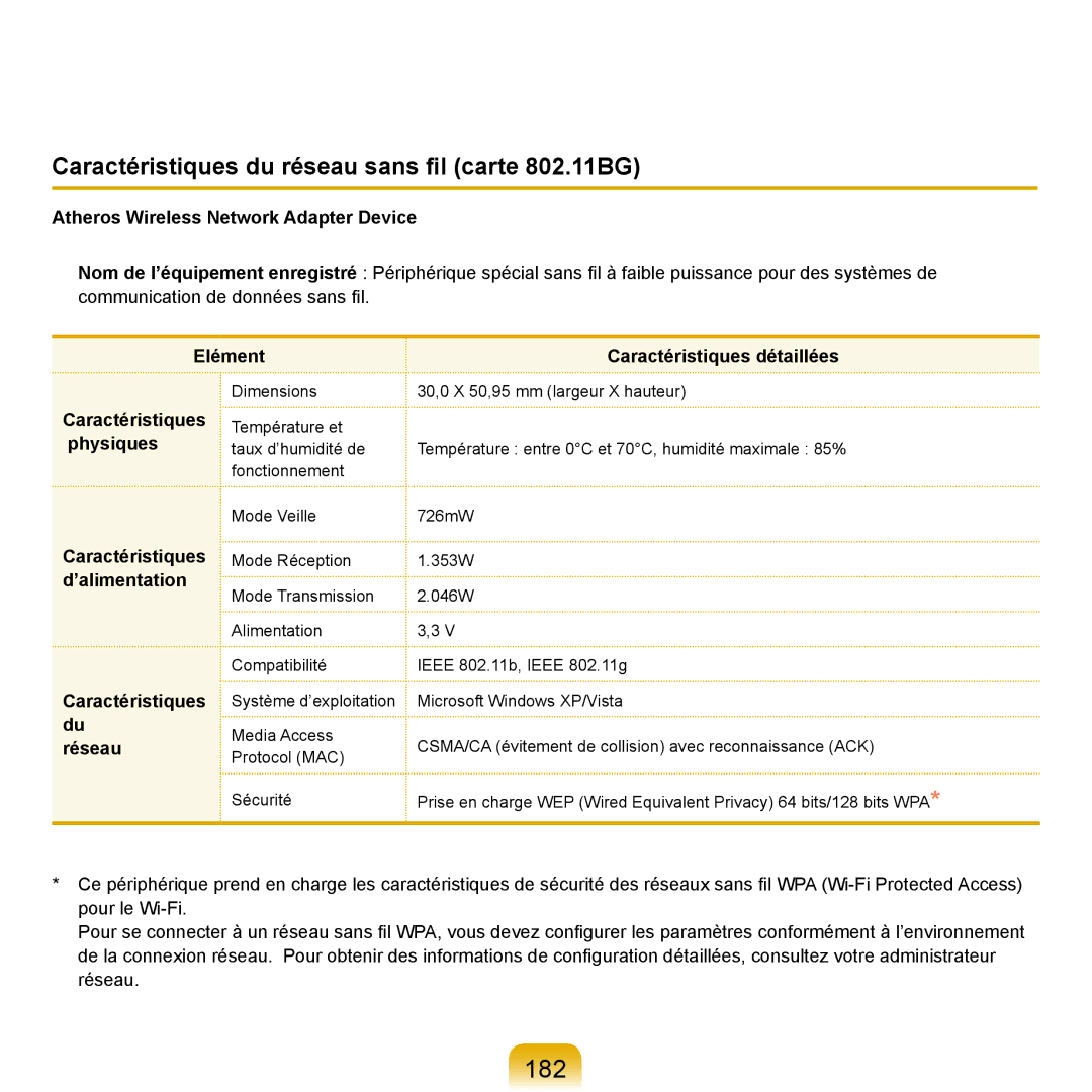 Samsung NP-R25A000/SEF 182, Caractéristiques du réseau sans ﬁl carte 802.11BG, Atheros Wireless Network Adapter Device 