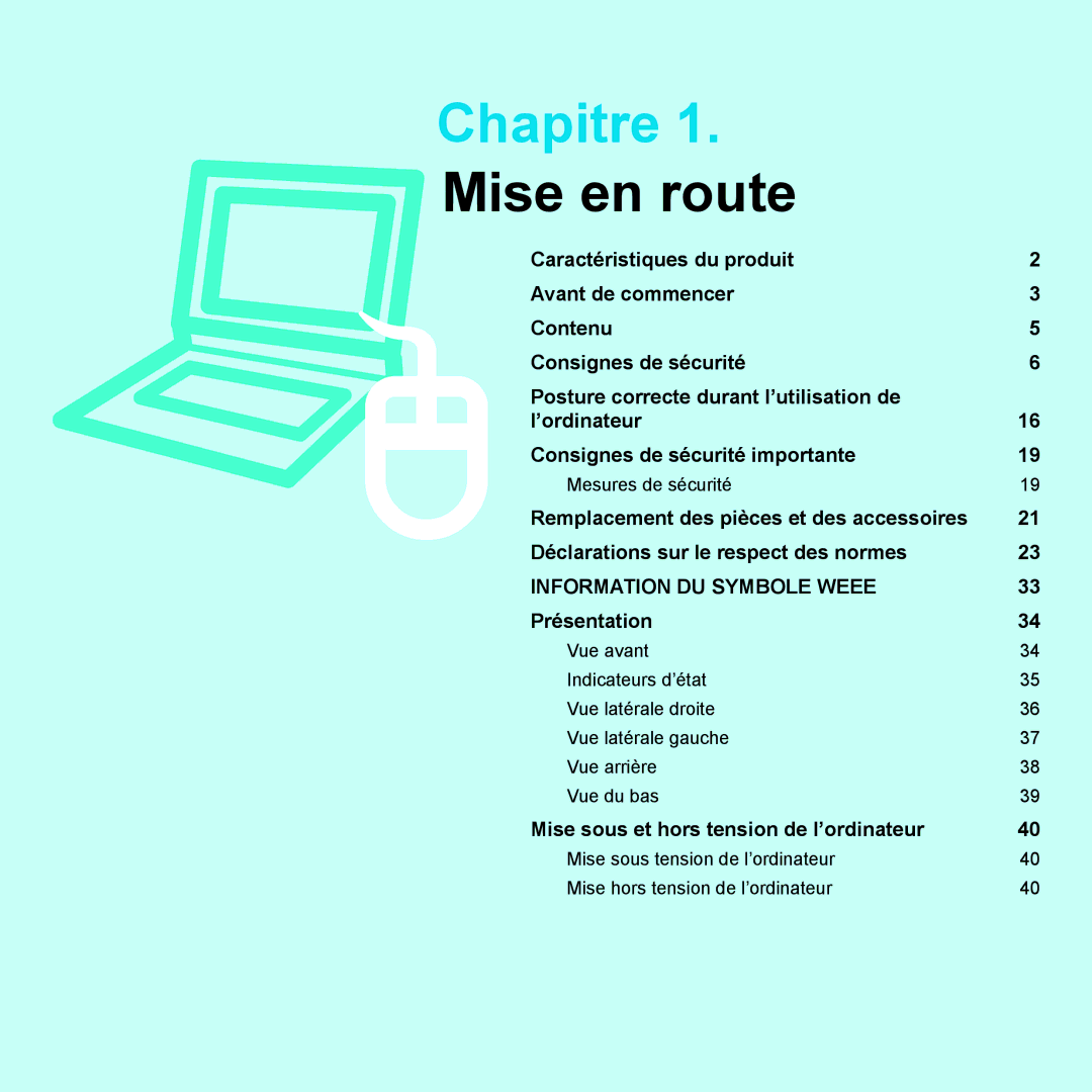 Samsung NP-R25A001/SEF, NP-R25A000/SEF manual Chapitre, Mesures de sécurité 