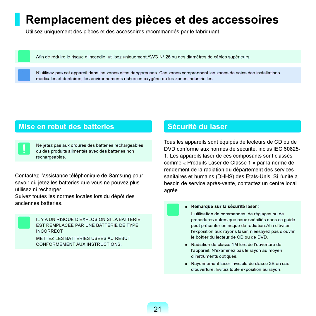 Samsung NP-R25A001/SEF manual Remplacement des pièces et des accessoires, Mise en rebut des batteries, Sécurité du laser 