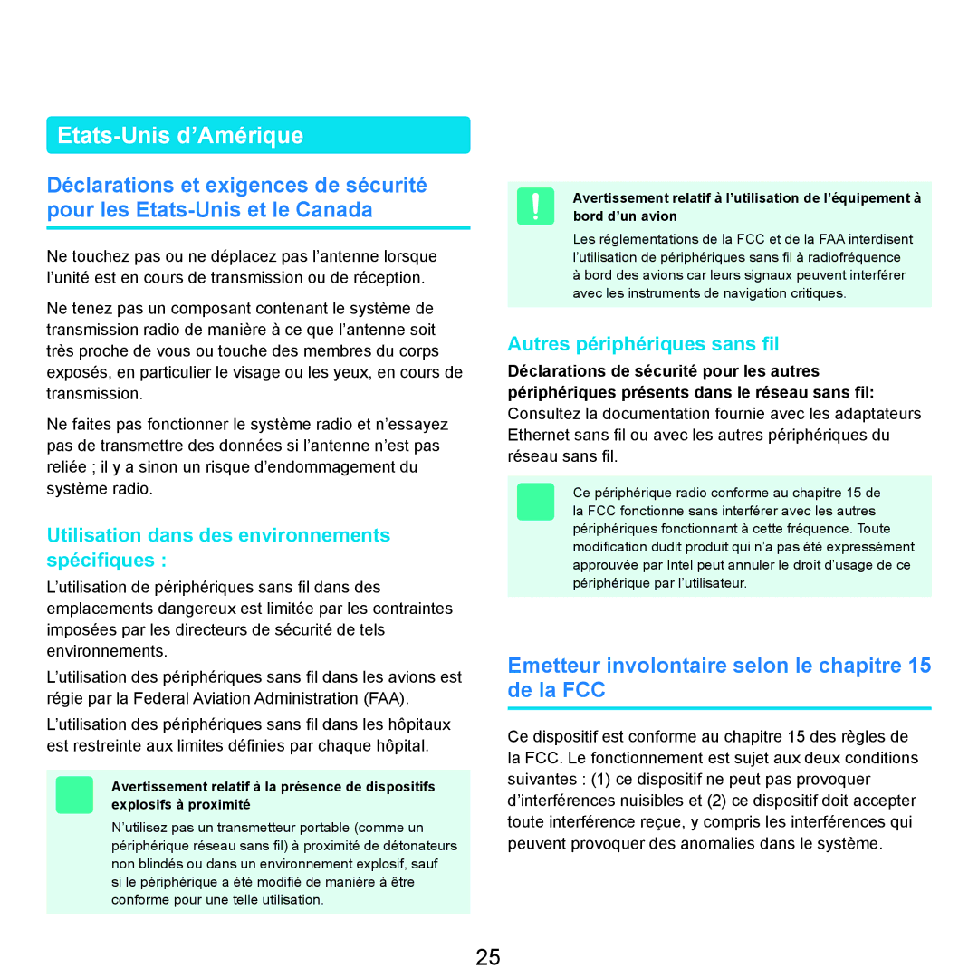 Samsung NP-R25A001/SEF, NP-R25A000/SEF manual Etats-Unis d’Amérique, Emetteur involontaire selon le chapitre 15 de la FCC 