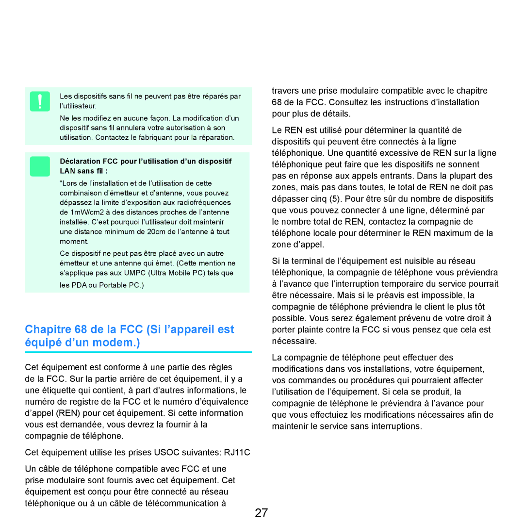 Samsung NP-R25A001/SEF, NP-R25A000/SEF manual Chapitre 68 de la FCC Si l’appareil est équipé d’un modem 