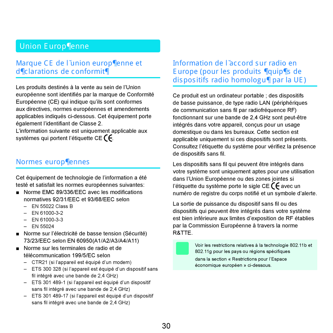 Samsung NP-R25A000/SEF, NP-R25A001/SEF manual Union Européenne, Normes européennes 