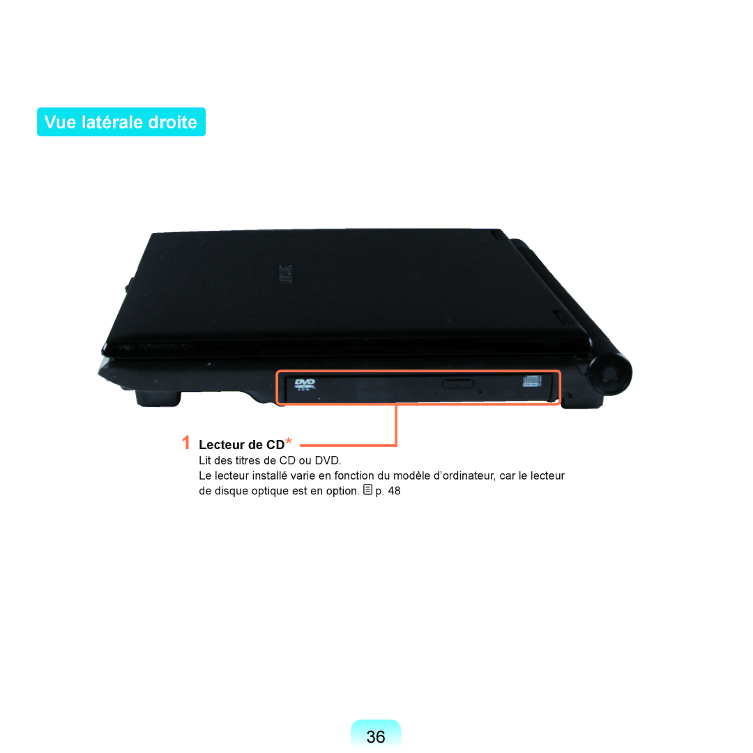 Samsung NP-R25A000/SEF, NP-R25A001/SEF manual Vue latérale droite, Lecteur de CD 