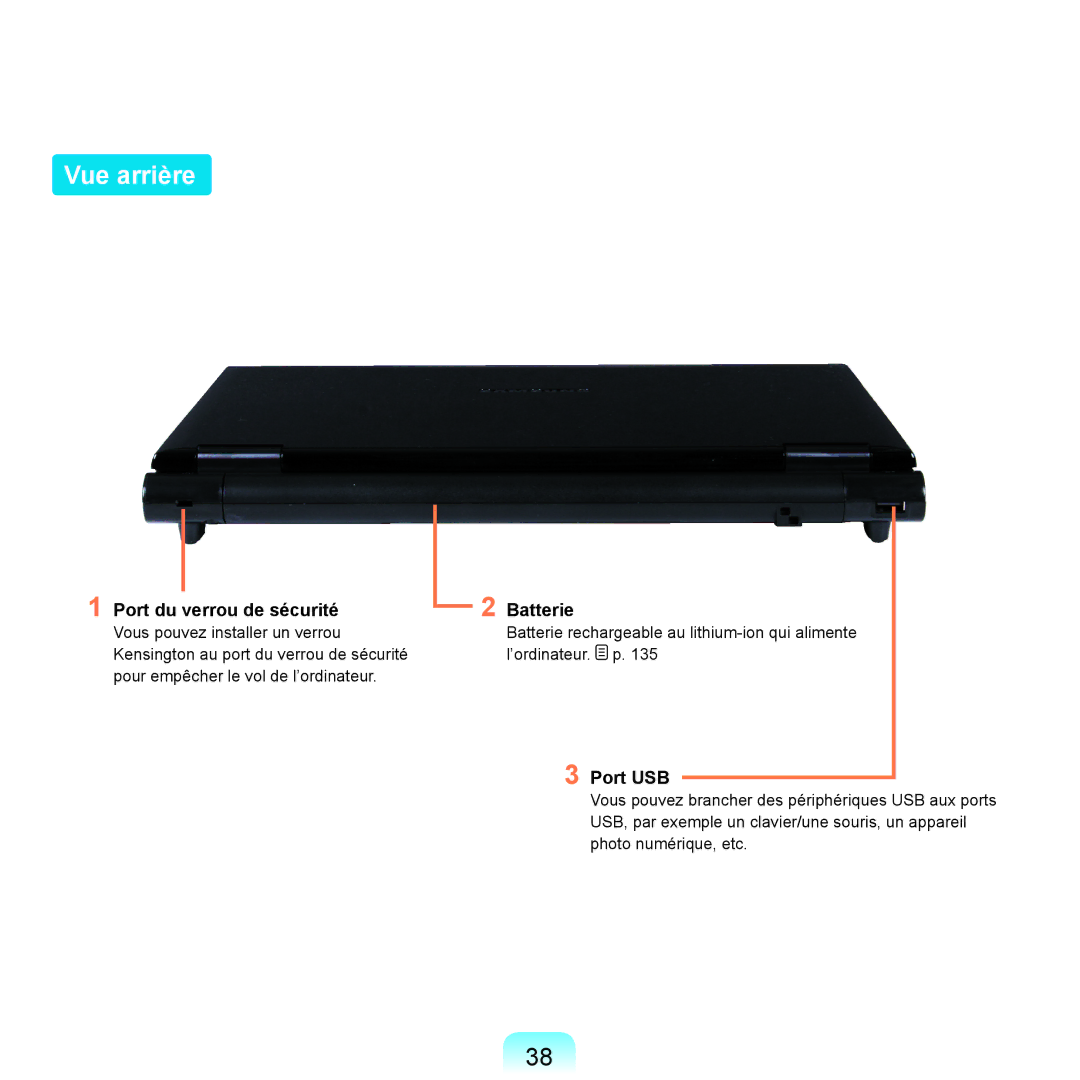 Samsung NP-R25A000/SEF, NP-R25A001/SEF manual Vue arrière, Port du verrou de sécurité, Batterie 